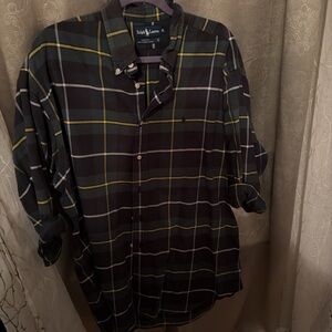 Ralph Lauren Men's Navy and Green Plaid Shirt
